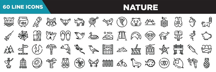 nature line icons set. linear icons collection. jaguar, aquarium, parrot, racoon vector illustration