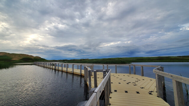 View of the empty duckboards over the lake.