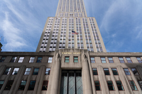 New York, United States of America - September 20, 2019: Front facade view of the Empire State Building.
