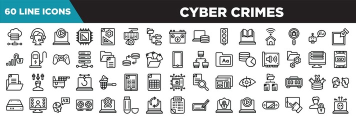 Fototapeta na wymiar cyber crimes line icons set. linear icons collection. online server, assistant, multimedia player, processor vector illustration
