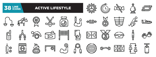 set of active lifestyle icons in thin line style. outline web icons collection. crank, routine, no sweets, glass award, race track vector illustration