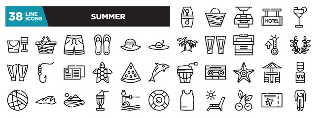 set of summer icons in thin line style. outline web icons collection. bodyboard, beach bag, funicular, hotel hanging, refreshing cold drink vector illustration