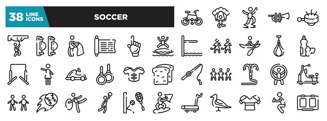set of soccer icons in thin line style. outline web icons collection. mountain bike, skydiving, powerbocking, ets, ringer vector illustration