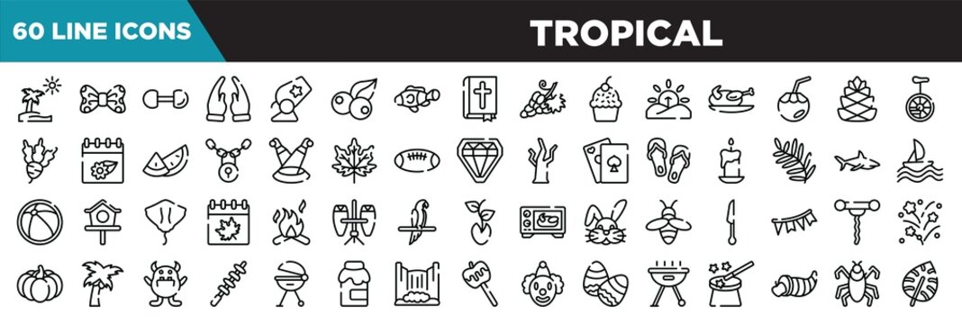 tropical line icons set. linear icons collection. pictures, bow tie, dumbbell, prayer vector illustration