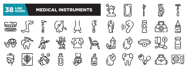 set of medical instruments icons in thin line style. outline web icons collection. hair wash, bedpan, pike pole, orthopedics, neurology reflex hammer vector illustration