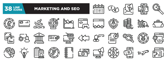 set of marketing and seo icons in thin line style. outline web icons collection. calendar event, talking about money, marketing email, money on smartphone, zoom or search vector illustration