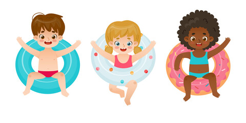 Set of cute kids on the inflatable rings. Collection of adorable children with swimming circles.