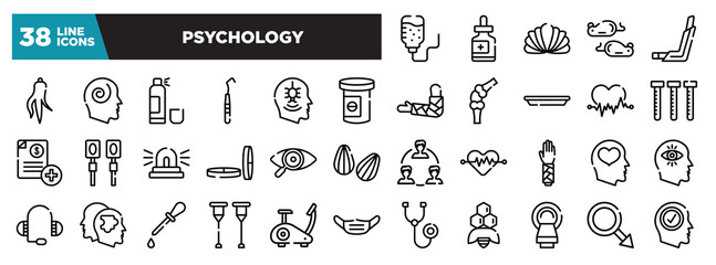 set of psychology icons in thin line style. outline web icons collection. iv bag, fluid, mollusc, mice, inhalator vector illustration