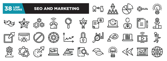 set of seo and marketing icons in thin line style. outline web icons collection. weight loss, seminar, diagrams, keywords, lightbulb vector illustration