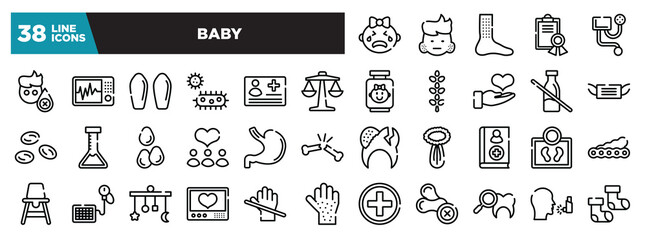 set of baby icons in thin line style. outline web icons collection. crying, swelling, urticaria, medical certificate, blood pressure meter vector illustration