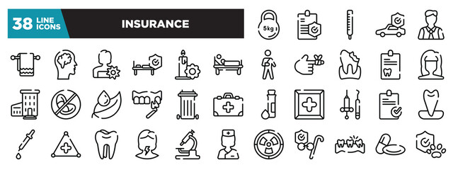 set of insurance icons in thin line style. outline web icons collection. kettlebell, medical insurance, thermometer reading temperature, car insurance, executive man vector illustration