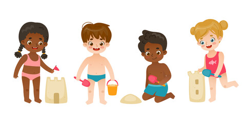 Set of cartoon kids playing with sand on the beach. Collection of cute children building sand castle.