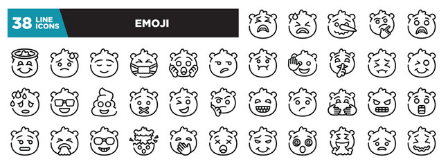 set of emoji icons in thin line style. outline web icons collection. tired emoji, desperate emoji, lying curious surprise vector illustration