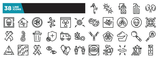 set of icons in thin line style. outline web icons collection. difficulty brea, bacterium, hand sanitizer, hand soap, kidney vector illustration