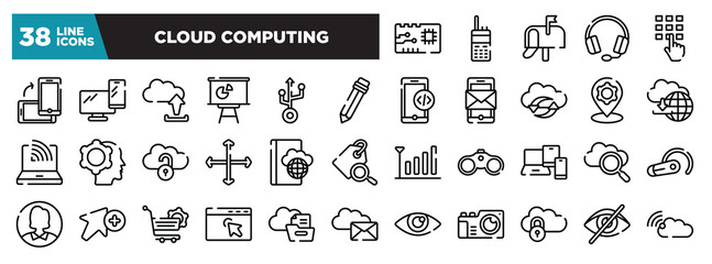 set of cloud computing icons in thin line style. outline web icons collection. printed circuit, satellite phone, , heads with microphone, entering password vector illustration