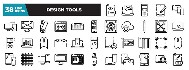 Fototapeta na wymiar set of design tools icons in thin line style. outline web icons collection. php document, message on laptop, folding phone, edit tablet, three devices connected vector illustration