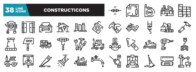 set of constructicons icons in thin line style. outline web icons collection. plug for electric connection, blueprint hand drawn tool, five meters ruler, toolbox, constructing a brick wall vector