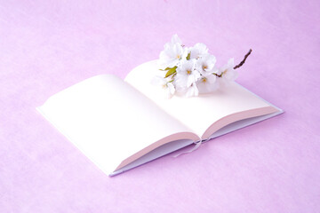 見開きの本と大島桜の花束（ピンクバック）