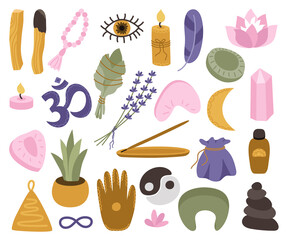 Set of accessories for meditation practice, rest and relaxation. Palo Santo sticks, sage, aromatherapy, crystals, rosaries, candles, lavender, oil, yin yang, aloe, stones. Vector illustration.