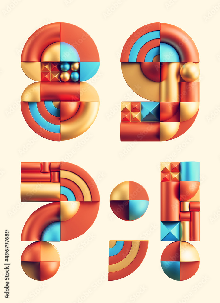 Poster 3d rendering of colorful font made of abstract geometric shapes