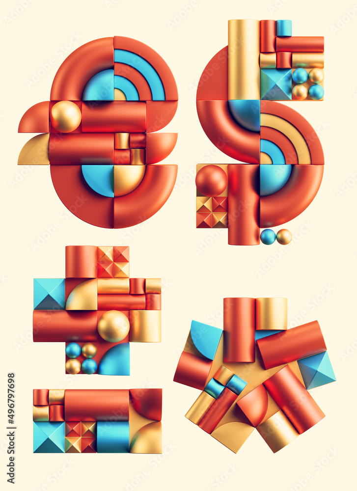 Poster 3d rendering of colorful font made of abstract geometric shapes