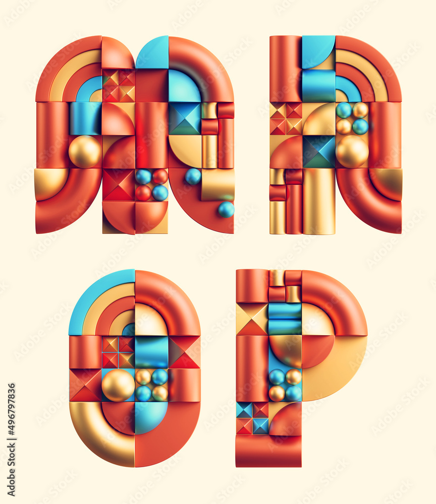 Poster 3d rendering of colorful font made of abstract geometric shapes