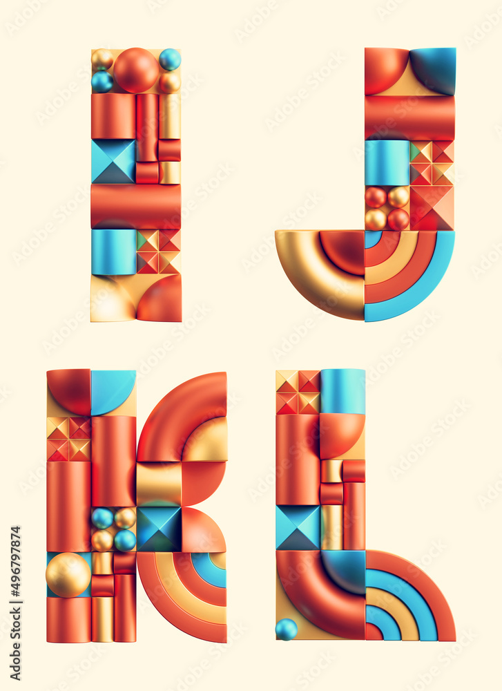 Poster 3d rendering of colorful font made of abstract geometric shapes