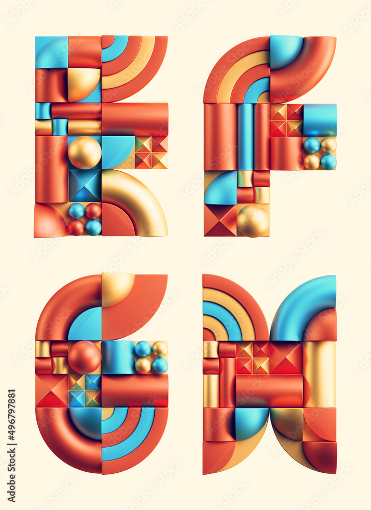 Poster 3d rendering of colorful font made of abstract geometric shapes