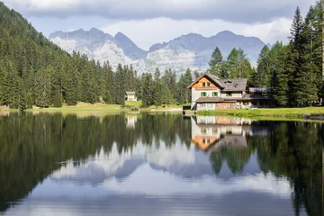 Fotobehang Olijfgroen Close-up van een meer met een huis in het bos