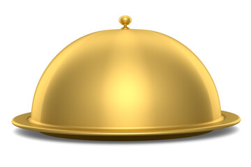 Gold tray with cloche ready to serve isolated on white background