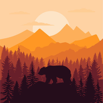 vector mountains forest woodland background texture seamless pattern with brown grizzly bear EPS