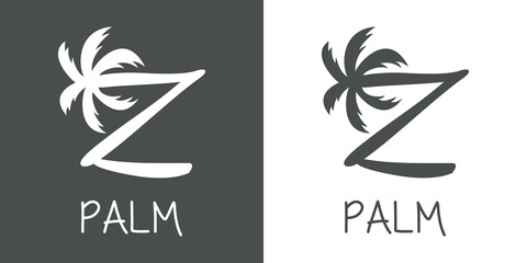 Logotipo texto Palm con letra Z en tipografía con forma de silueta de palmera en fondo gris y fondo blanco