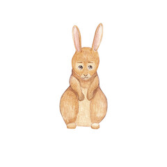 Cute rabbit watercolor on a white background. children's watercolor illustration. Children's print with forest animals. Hand drawn painted character for Kids, Greeting Card design, Postcards and more.