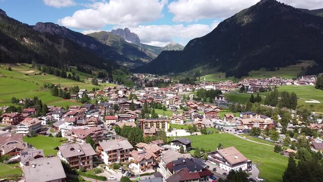 Vigo di Fassa at Fassa Valley (Val di Fassa), Trentino, Dolomites, Italy - Aerial Drone View of the Picturesque Mountain Village