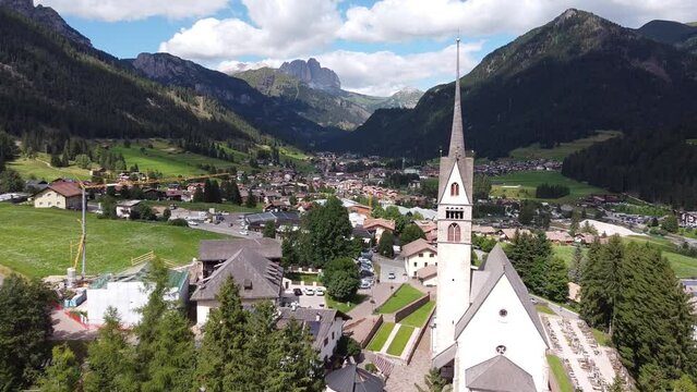 Vigo di Fassa at Fassa Valley (Val di Fassa), Trentino, Dolomites, Italy - Aerial Drone View of the Picturesque Mountain Village