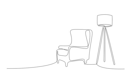 Fototapeta na wymiar Continuous One line interior with armchair, plant and floor lamp. Single line drawing of Living room with modern furniture editable stroke. Handdraw contour. Doodle vector