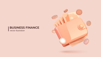 3D render of pink wallet with paper money and coins around it. Wallet with money dollar bank note - realistic vector illustration in cartoon minimal style. Online payment concept.