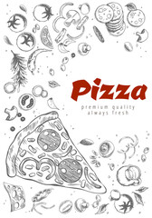 Pizza line banner. Engraved style doodle background. Savoury pizza ads. Tasty vector banner for cafe, restaurant or food delivery service