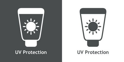 Vacaciones de verano. Crema solar. Logotipo lineal con texto UV Protection con botella con sol en fondo gris y fondo blanco