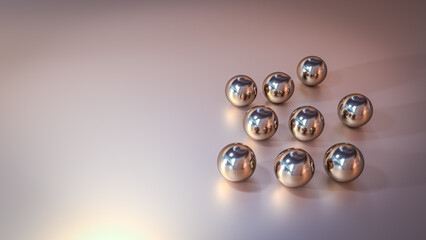 Group of Copper glass spheres on the surface of the surface. Abstract silver glossy balls on reflect gradient background. Shapes. 3d render.