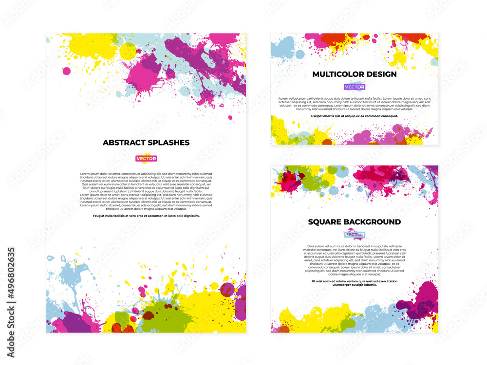 Poster set of three frames with multicolored splashes