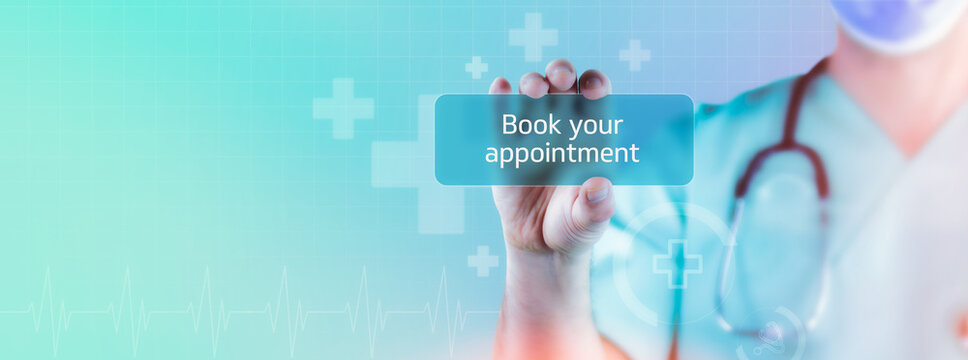 Book your appointment. Doctor holds virtual card in hand. Medicine digital