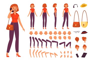 Cartoon female character kit. Young woman with individual body parts constructor kit, different angles view. Girls clothes, gadgets and accessories, various emotions, vector isolated set - obrazy, fototapety, plakaty