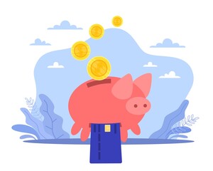 Conversion of savings. Cash withdrawal, keeping money in bank, credit card and golden coind in moneybox, online payment and transaction, banking application vector cartoon flat concept