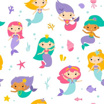 Cute seamless mermaids pattern. Funny little underwater princesses with fishes tails, cartoon seaweed, shells. Fairy creatures isolated on white background. Decor textile, vector print