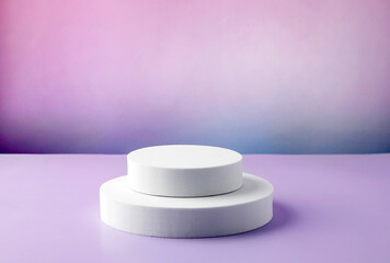 abstract background with cylindrical podiums in white on a pink-purple gradient background for the demonstration of cosmetic products