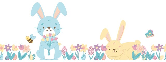 Seamless border with Easter bunny rabbits, spring flowers, colorful eggs, butterfly and bee. Vector illustration isolated background. Copy space, banner