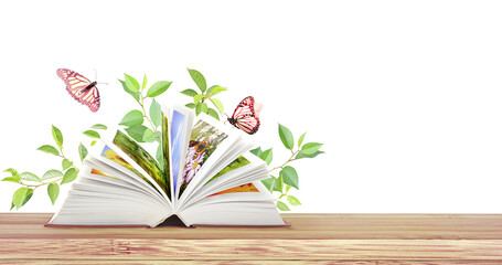 Book of nature. Horizontal banner with book open and two Monarch butterflies on wood table