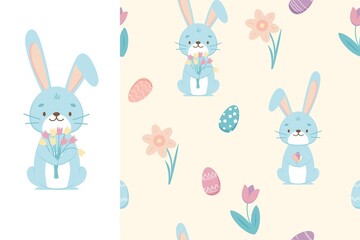Seamless pattern with Easter Bunny rabbit, eggs and tulips flowers in the basket over yellow background. Vector illustration.