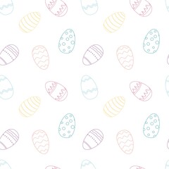 Happy Easter seamless pattern with colorful Easter eggs with different texture on a white background. Spring holiday concept. Vector Illustration